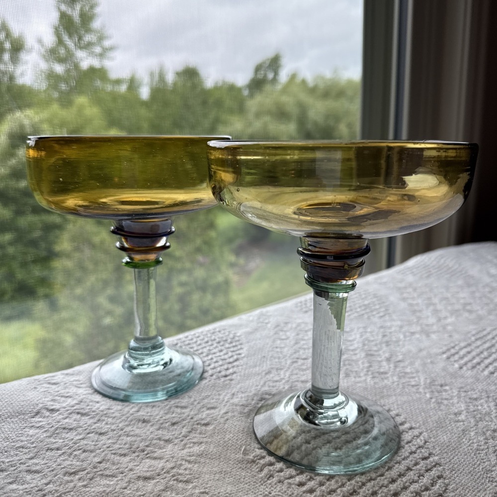 Hand Blown Mexican Margarita Glass X2 Amber To Clear Color Bands Stem Barware